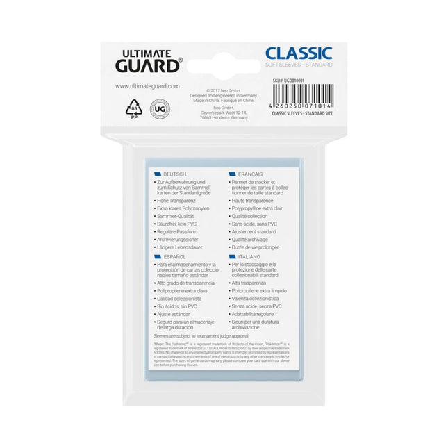 Fundas Classic Transparente Tamaño Standard 100 Ud 66x93mm | Ultimate Guard